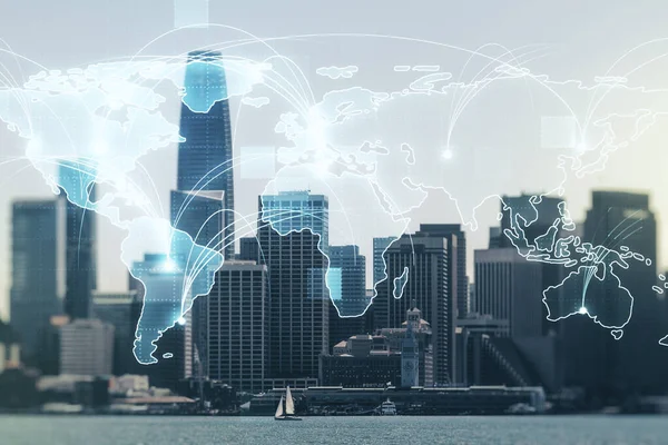 Holograma digital gráfico abstrato do mapa do mundo com conexões no fundo da paisagem urbana de São Francisco, conceito da globalização. Multiexposição — Fotografia de Stock