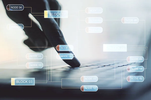 Exposición múltiple del boceto de codificación gráfica abstracta con las manos escribiendo en el teclado de la computadora en el fondo, big data y concepto de red —  Fotos de Stock