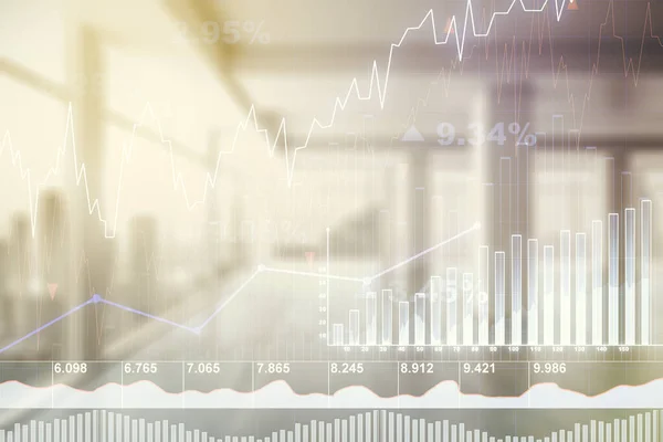 Мультиэкспозиция абстрактной голограммы виртуального финансового графа на пустом корпоративном фоне, форекс и инвестиционная концепция — стоковое фото