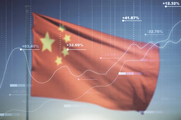 Мультиэкспозиция голограммы данных креативной статистики на фоне китайского флага и голубого неба, статистики и аналитики — стоковое фото