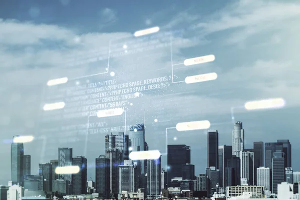Multi exposição do holograma abstrato do desenvolvimento de software no fundo dos arranha-céus de Los Angeles, conceito da pesquisa e da análise — Fotografia de Stock