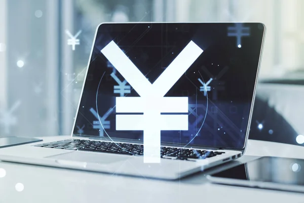 Dupla exposição do holograma do símbolo do iene japonês criativo no fundo do laptop. Conceito bancário e de investimento — Fotografia de Stock