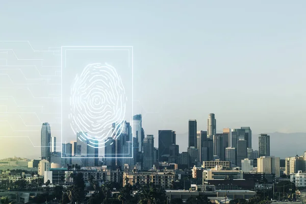 概要ロサンゼルスのスカイラインを背景にした仮想指紋ホログラム。多重露光 — ストック写真