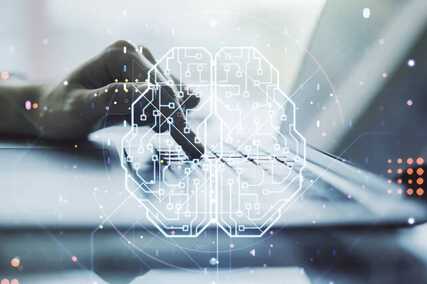 Double exposure of creative artificial Intelligence symbol with hands typing on laptop on background. Neural networks and machine learning concept — Stock Photo, Image