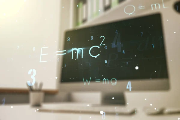 Fórmula científica creativa holograma y escritorio moderno con computadora en el fondo, concepto de investigación. Multiexposición — Foto de Stock