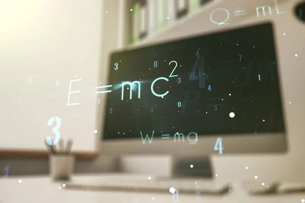 Creative scientific formula hologram and modern desk with computer on background, research concept. Multiexposure