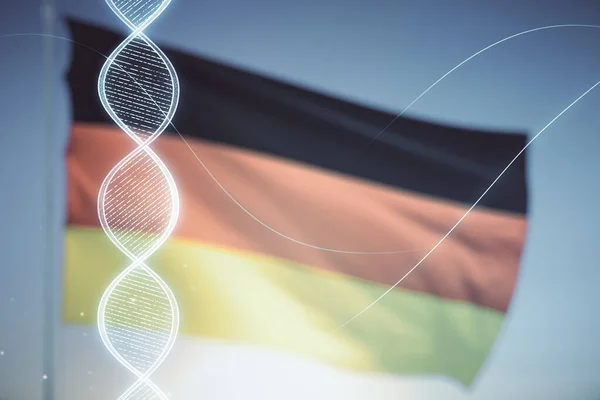 DNA hologram op Duitse vlag en zonsondergang lucht achtergrond, wetenschap en biologie concept. Meervoudige blootstelling — Stockfoto