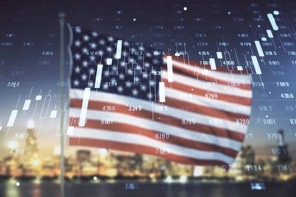 Multi exposure of creative statistics data hologram on USA flag and blurry skyscrapers background, stats and analytics concept — Stock Photo, Image