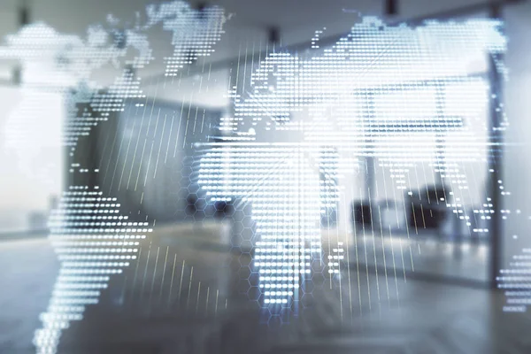 Mehrfachbelichtung des abstrakten grafischen Weltkarten-Hologramms auf einem modern eingerichteten Bürointerieur Hintergrund, Verbindung und Kommunikationskonzept — Stockfoto