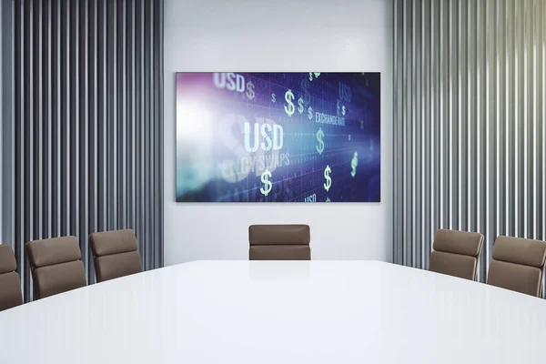 Creative concept of USD symbols illustration on presentation screen in a modern conference room. Trading and currency concept. 3D Rendering — Stock Photo, Image