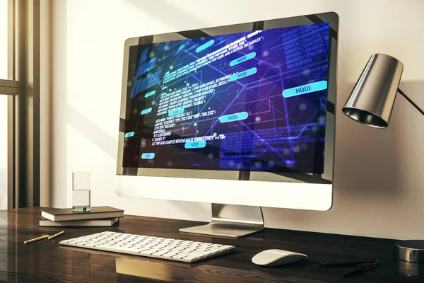 Moderno monitor de ordenador con lenguaje de programación abstracto, concepto de investigación y desarrollo. Renderizado 3D —  Fotos de Stock
