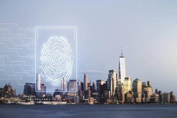 ニューヨークのスカイラインを背景に仮想抽象的な指紋イラストのマルチ露出,デジタルアクセスコンセプト — ストック写真