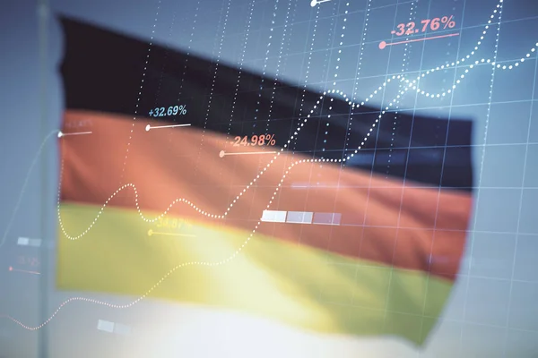 Az absztrakt kreatív statisztikák adathologramjának kettős expozíciója Németország zászlóján és a kék ég háttere, analitikai és előrejelzési koncepció — Stock Fotó