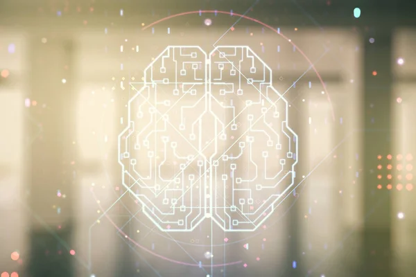 Віртуальна творча голограма штучного інтелекту з ескізом людського мозку на сучасному внутрішньому тлі. Подвійне експонування — стокове фото