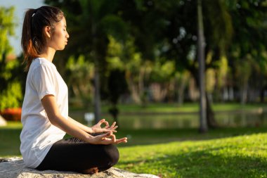 Güzel Asyalı kadın parkta Yoga egzersizleri yapıyor. Relax ve sağlıklı kavramı için kullanılan