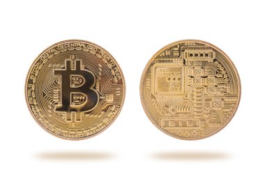 Bitcoin. Beyaz arka plan üzerinde izole bitcoin simgesi olan altın sikke