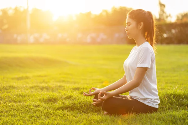 Güzel Asyalı kadın parkta Yoga egzersizleri yapıyor. Relax ve sağlıklı kavramı için kullanılan