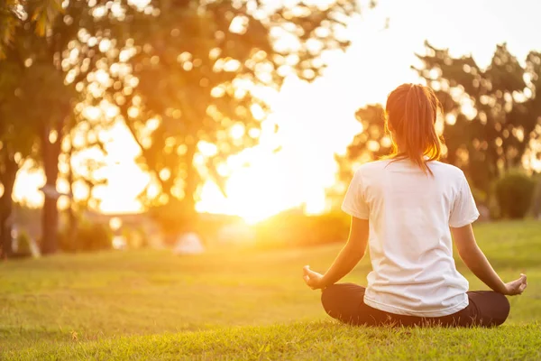 Güzel Asyalı kadın parkta Yoga egzersizleri yapıyor. Relax ve sağlıklı kavramı için kullanılan