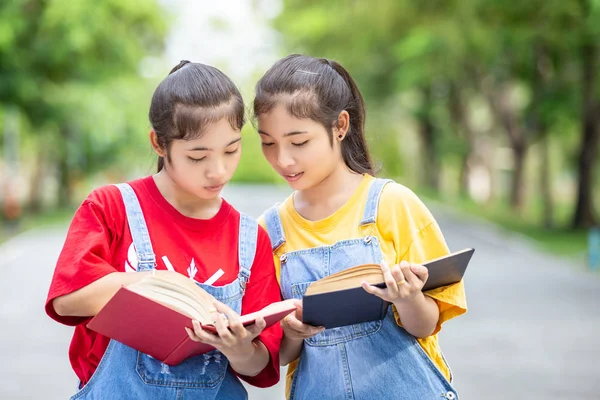 Bastante Asiático Gemelos Chica Estudiantes Leyendo Libro Parque Público Concepto — Foto de Stock