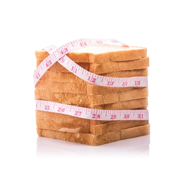 Stack Slices Fresh White Bread White Measuring Tape Isolated White — Stock Photo, Image