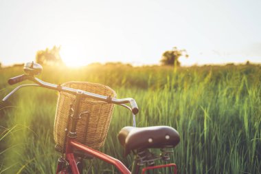 Kırmızı Japonya tarzı klasik Bisiklet günbatımı zamanında yeşil alan