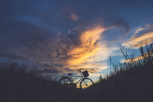 Silueta Estilo Japonés Bicicleta Clásica Campo Hora Puesta Del Sol — Foto de Stock