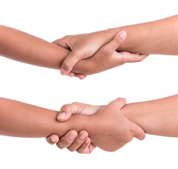 Две Руки Держатся Вместе Концепция Помощи Поддержки Изолированный Белом Фоне — стоковое фото