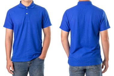 Genç Asyalı adam mavi polo t-shirt boş giymek