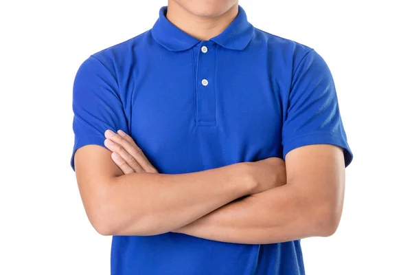 Ung asiatisk man slitage blank blå Polo t-shirt — Stockfoto