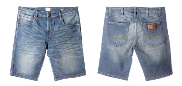 Frente Verso Homens Novos Calções Jeans Azuis Isolados Fundo Branco — Fotografia de Stock