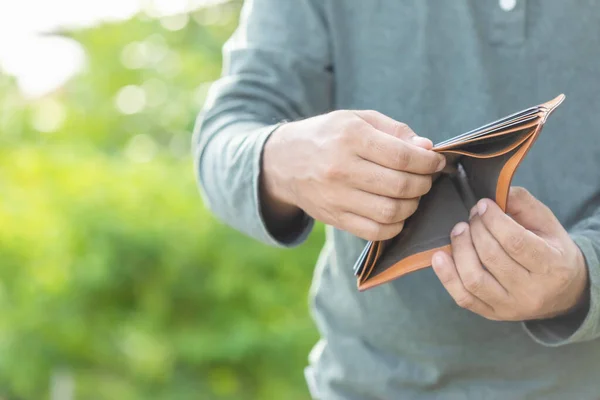 Asian Man Holding Empty Wallet Money Problem Concept Outdoor Shooting — Stock Photo, Image