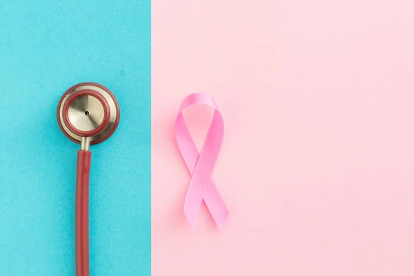 Breast Cancer Concept Top View Pink Ribbon Red Stethoscope Symbol — Stock Photo, Image