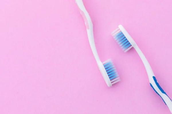 Top View New Pink Blue Toothbrush Pink Background Copy Space — Stock Photo, Image