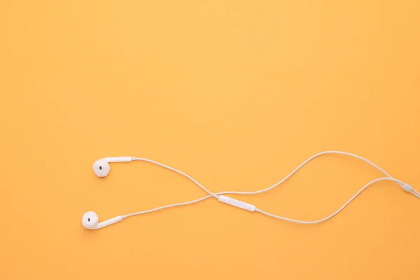 Top View White Earphone Yellow Background Copy Space Text Design — Stock Photo, Image