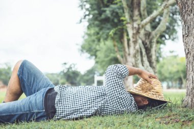 Tayland 'daki Sukhothai tarihi parkında çimlerin üzerinde yatan Asyalı bir turist. Tatil ve tatil kavramı