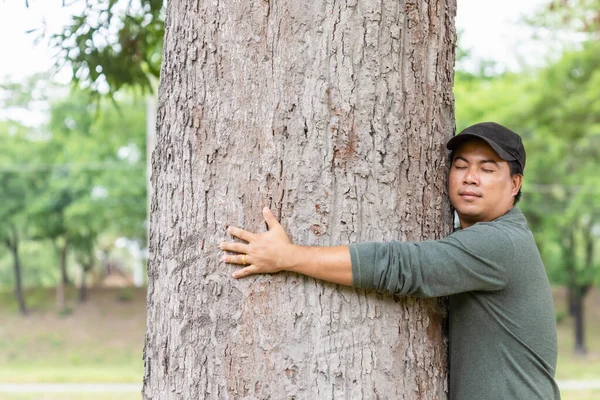 Abrazando Árboles Hombre Asiático Dando Abrazo Gran Árbol Mango Cuida — Foto de Stock