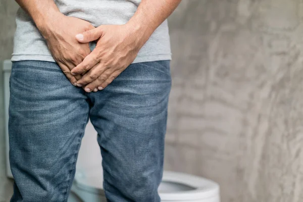 Men Bladder Problem Concept Man Standing Toilet Want Peeing Feeling — Zdjęcie stockowe