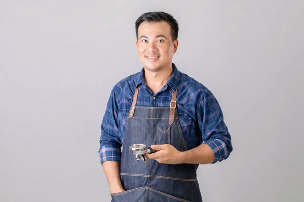 Portrait Asian Man Barista Uniform Holding Coffee Bottomless Portafilter Studio — Stock Photo, Image