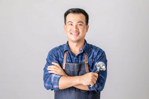 Portrait Asian Man Barista Uniform Holding Coffee Bottomless Portafilter Studio — Stock Photo, Image