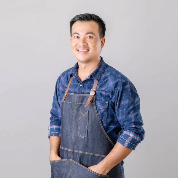 Portrait Asian Man Barista Uniform Standing Studio Isolated Grey Background — Stock Photo, Image