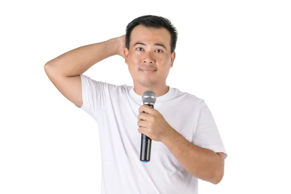 Shy Forget Speech Concept Portrait Asian Man Holding Black Wireless — Stock Photo, Image