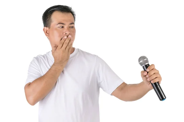 Konuşamıyor Konsept Almayı Bırakamıyor Siyah Kablosuz Mikrofon Tutan Asyalı Adam — Stok fotoğraf