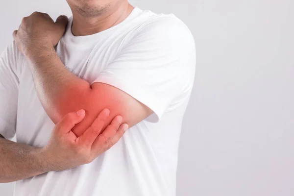 Elbow Pain Concept Close Man Holding Elbow Feeling Pain Studio — Stock Photo, Image