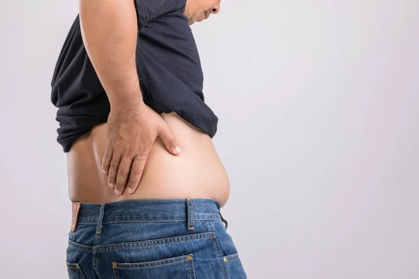 Lichaamspijn Heuppijn Effect Van Leverproblemen Dikke Man Die Zijn Hand — Stockfoto