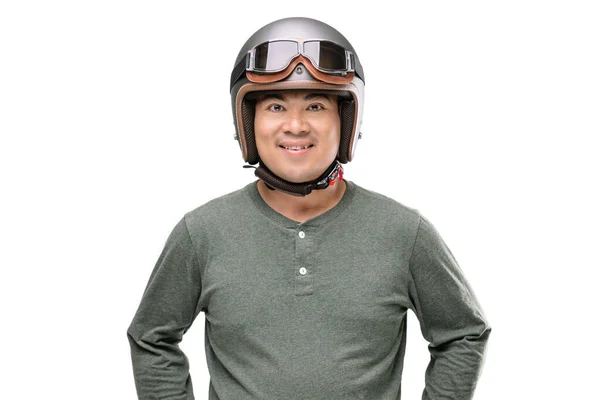 Motorcyclist Rider Wearing Vintage Helmet Safe Ride Concept Studio Shot — Stock Photo, Image