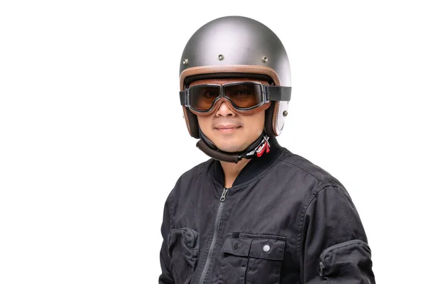 Motorcyklist Eller Ryttare Bär Vintage Hjälm Säker Åkkampanj Koncept Studio — Stockfoto