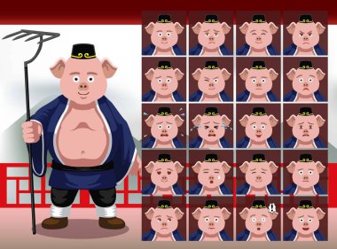 Çinli Zhu Bajie Karikatür Duyguları Vektör İllüzyonuyla karşı karşıya