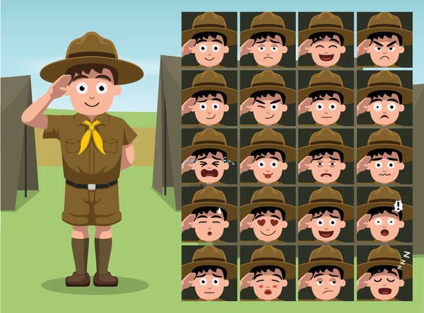 Boy Scout Cartoon Emotion Tváře Vektorové Ilustrace — Stockový vektor