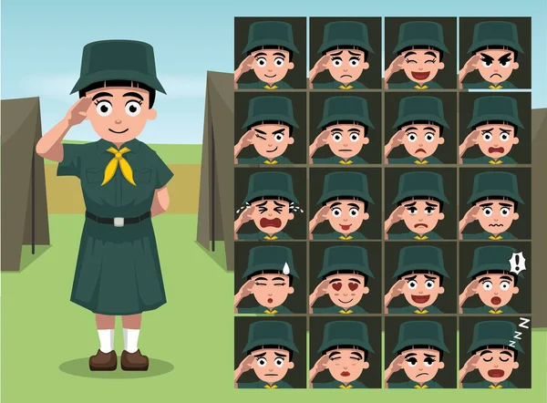 Dziewczyna Scout Cartoon Emocje Twarze Wektor Ilustracja — Wektor stockowy