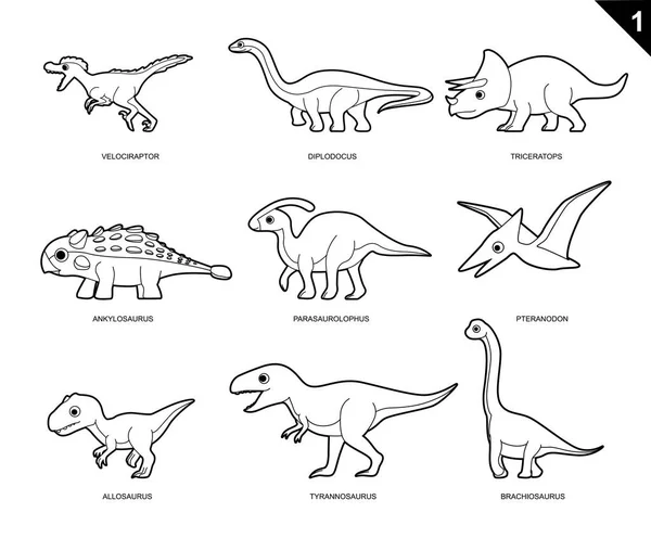 Libro Para Colorear Dinosaurio Dibujos Animados Vector Illustration Set — Archivo Imágenes Vectoriales